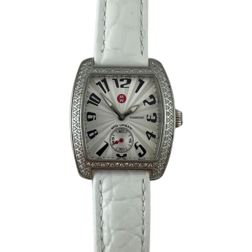 Michele Ladies Mini Urban Diamond Watch White Band Silver Dial 13765